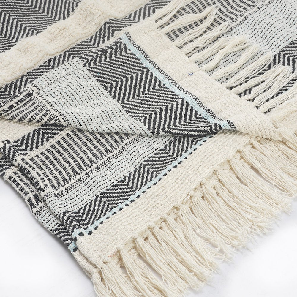 Cream/Blue Herringbone All-Natural Cotton Throw Blanket