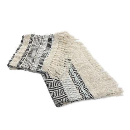 Cream/Blue Herringbone All-Natural Cotton Throw Blanket