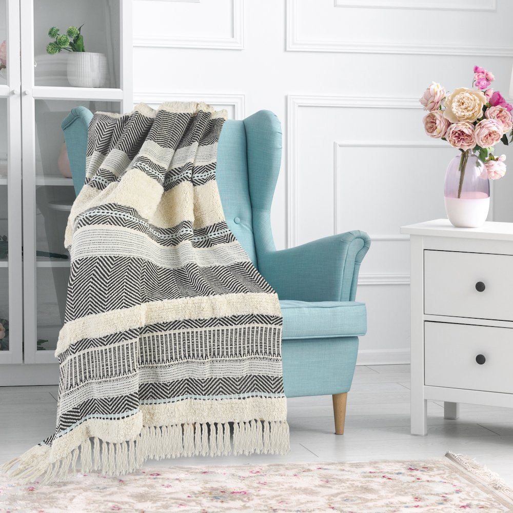 Cream/Blue Herringbone All-Natural Cotton Throw Blanket