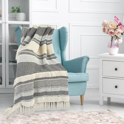 Cream/Blue Herringbone All-Natural Cotton Throw Blanket