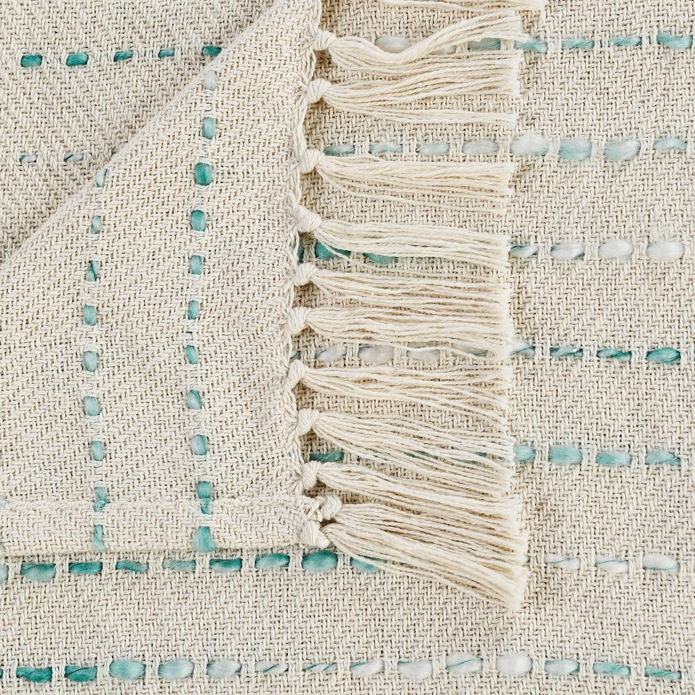 Cream/Turquoise Striped Hand-Woven Cotton Blend Throw Blanket