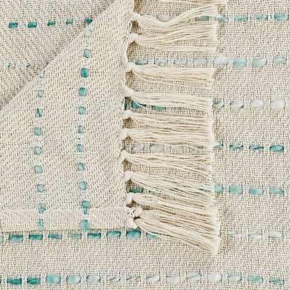 Cream/Turquoise Striped Hand-Woven Cotton Blend Throw Blanket