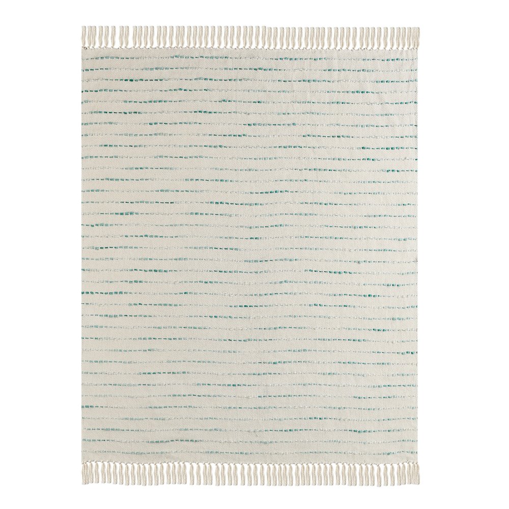 Cream/Turquoise Striped Hand-Woven Cotton Blend Throw Blanket
