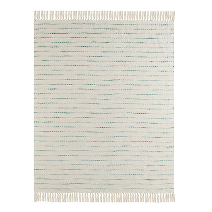 Cream/Turquoise Striped Hand-Woven Cotton Blend Throw Blanket