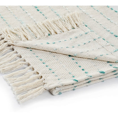 Cream/Turquoise Striped Hand-Woven Cotton Blend Throw Blanket