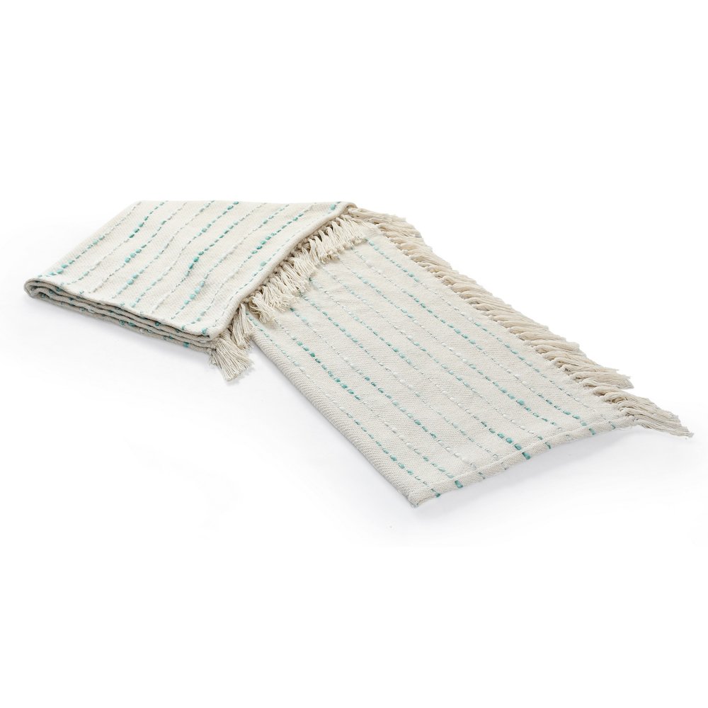 Cream/Turquoise Striped Hand-Woven Cotton Blend Throw Blanket