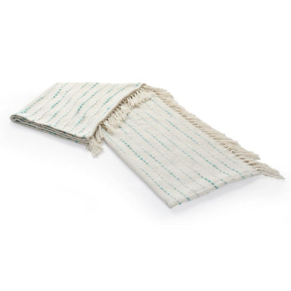 Cream/Turquoise Striped Hand-Woven Cotton Blend Throw Blanket