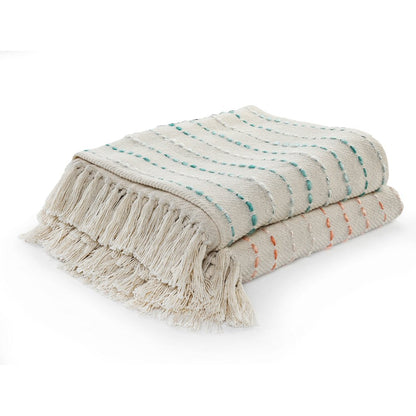 Cream/Turquoise Striped Hand-Woven Cotton Blend Throw Blanket