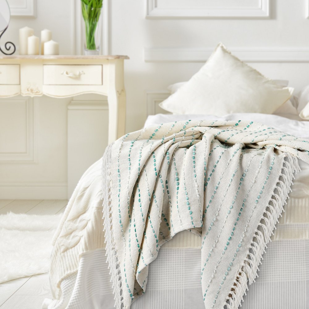Cream/Turquoise Striped Hand-Woven Cotton Blend Throw Blanket