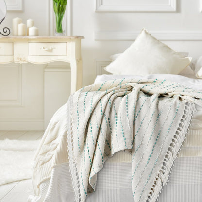Cream/Turquoise Striped Hand-Woven Cotton Blend Throw Blanket