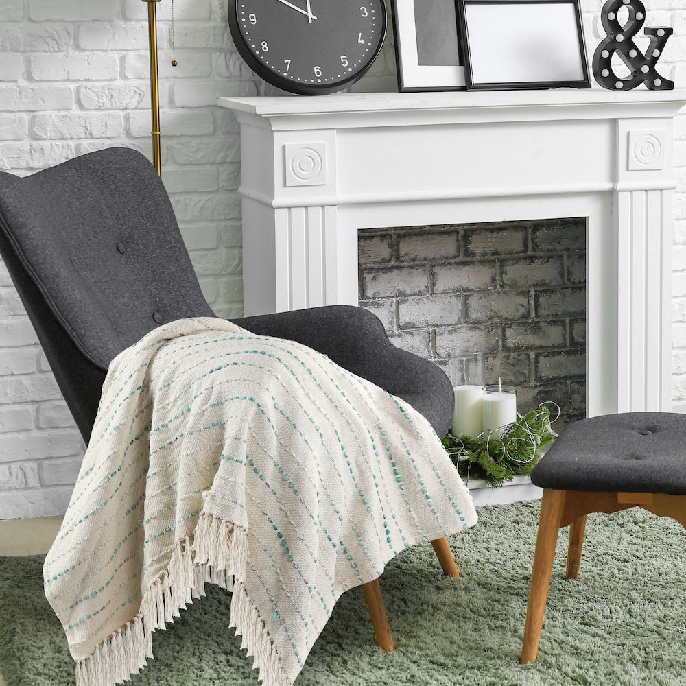 Cream/Turquoise Striped Hand-Woven Cotton Blend Throw Blanket