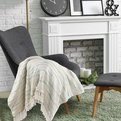 Cream/Turquoise Striped Hand-Woven Cotton Blend Throw Blanket