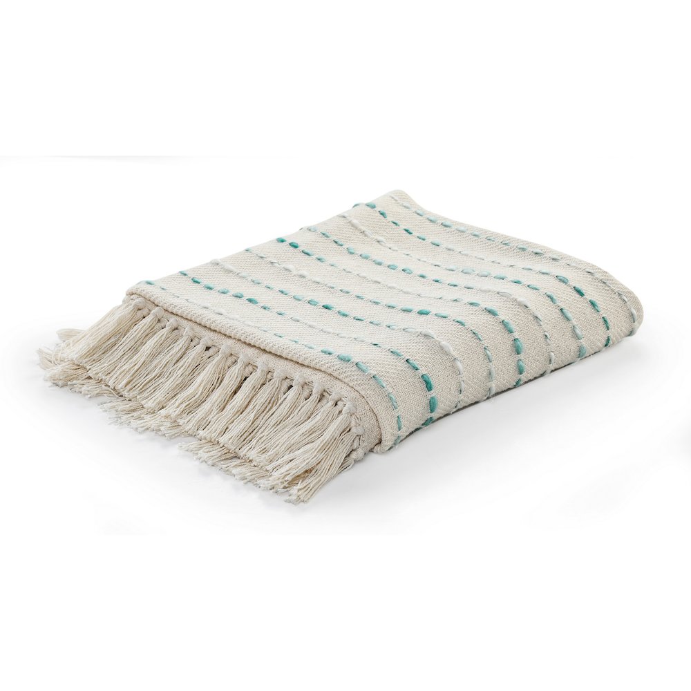 Cream/Turquoise Striped Hand-Woven Cotton Blend Throw Blanket