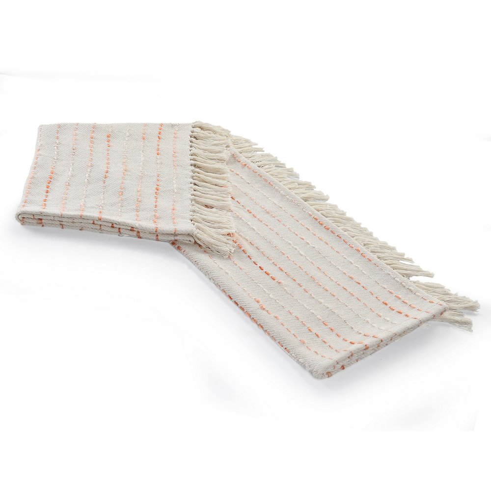 Cream/Peach Striped Hand-Woven Cotton Blend Throw Blanket
