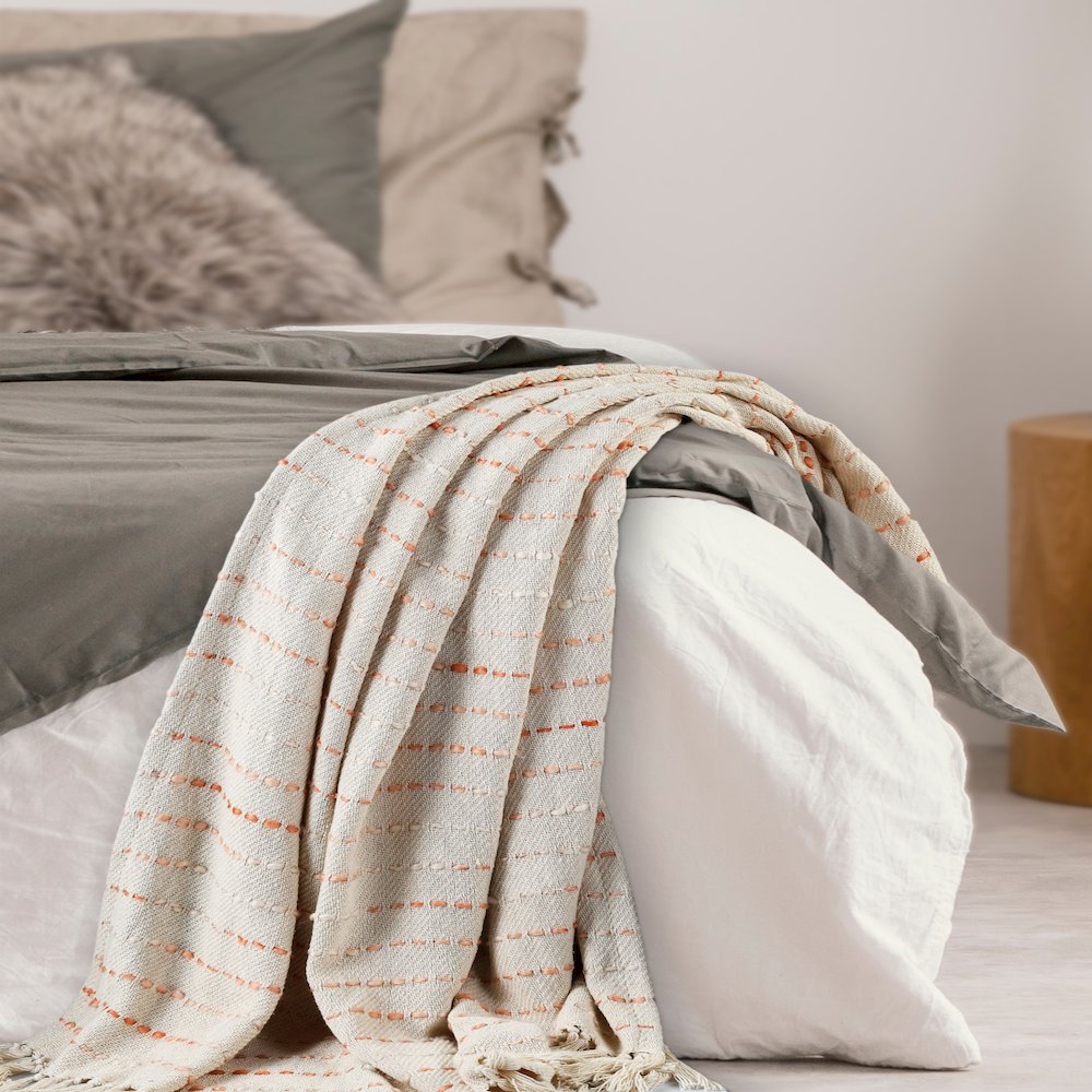 Cream/Peach Striped Hand-Woven Cotton Blend Throw Blanket