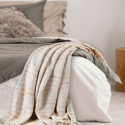 Cream/Peach Striped Hand-Woven Cotton Blend Throw Blanket