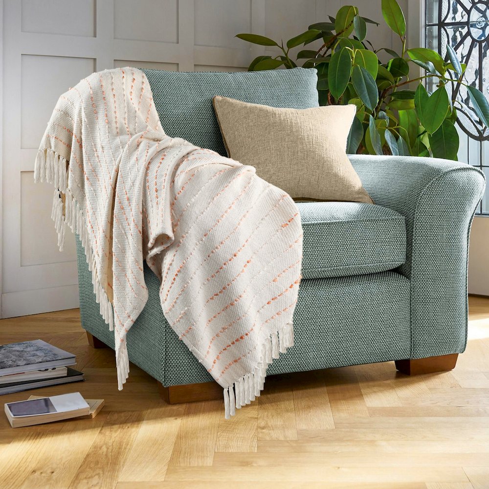 Cream/Peach Striped Hand-Woven Cotton Blend Throw Blanket