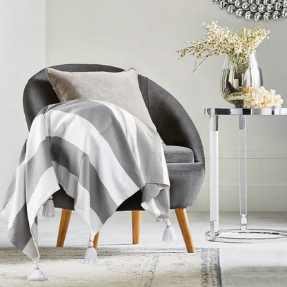 Grey/White Striped Hand-stitched All-Natural Cotton Throw Blanket