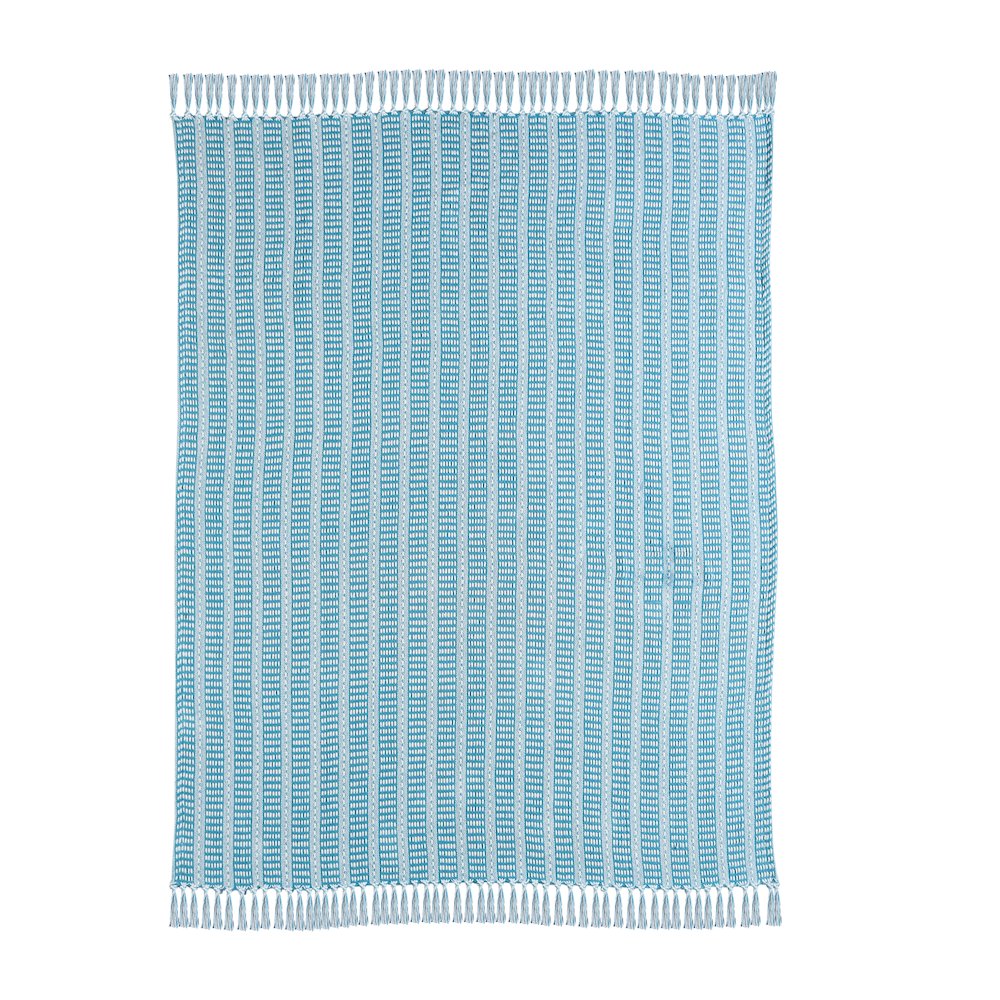 Ridgeline Striped Hand-Woven All-Natural Cotton Throw Blanket, Light Blue