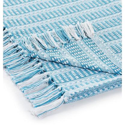 Ridgeline Striped Hand-Woven All-Natural Cotton Throw Blanket, Light Blue