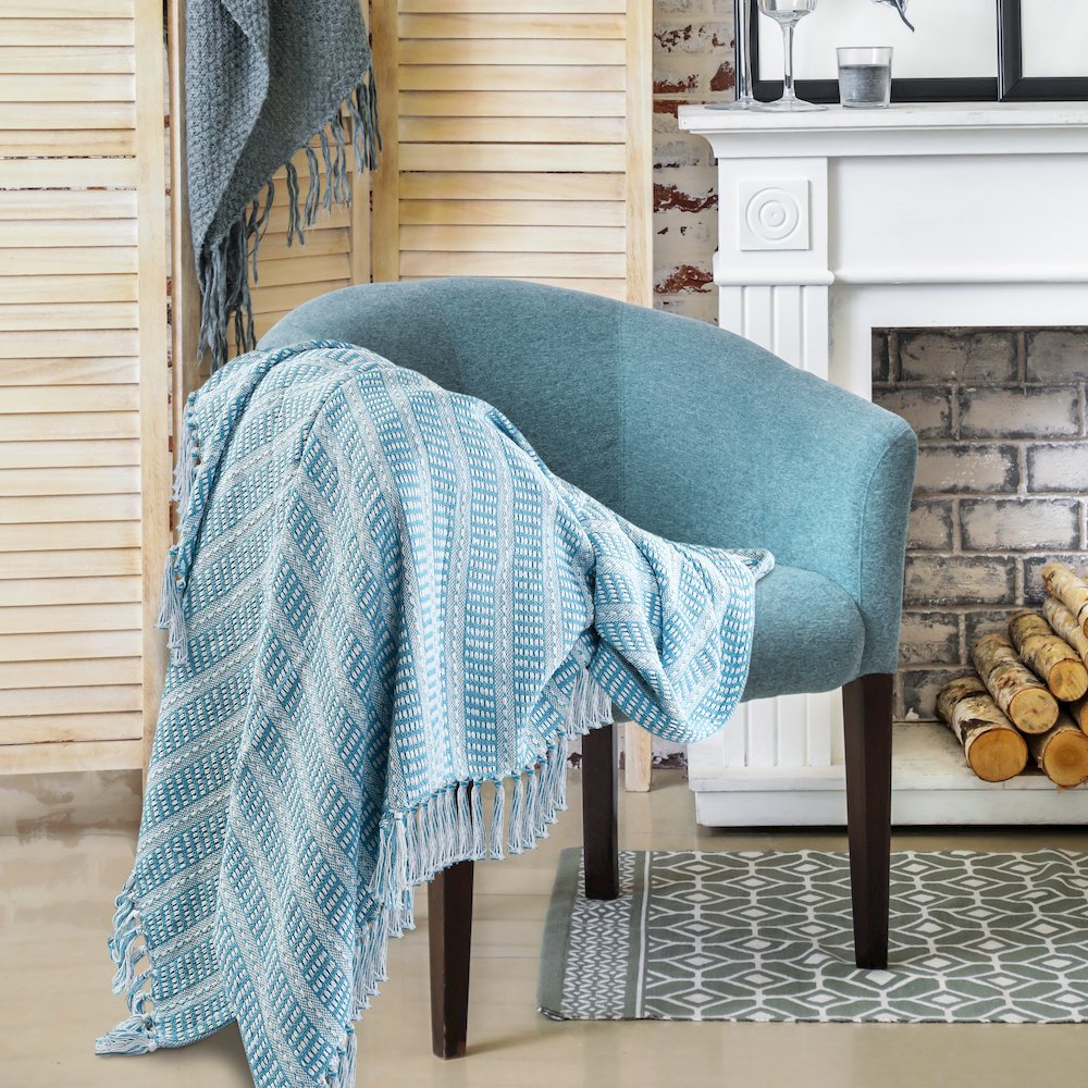 Ridgeline Striped Hand-Woven All-Natural Cotton Throw Blanket, Light Blue