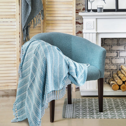 Ridgeline Striped Hand-Woven All-Natural Cotton Throw Blanket, Light Blue
