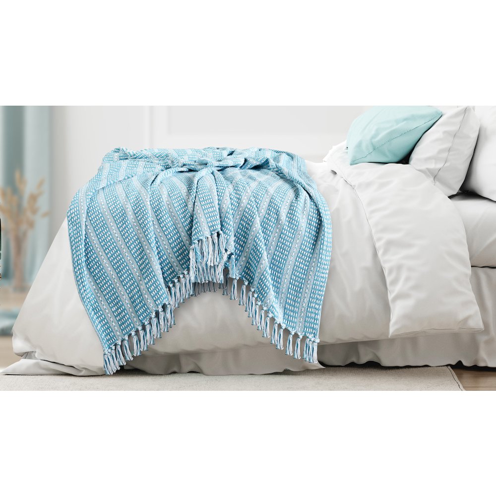 Ridgeline Striped Hand-Woven All-Natural Cotton Throw Blanket, Light Blue