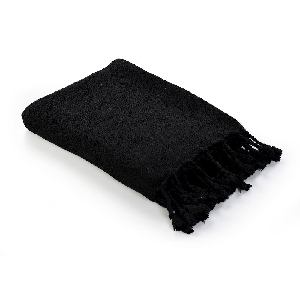 Black Solid Hand-Woven All-Natural Cotton Throw Blanket