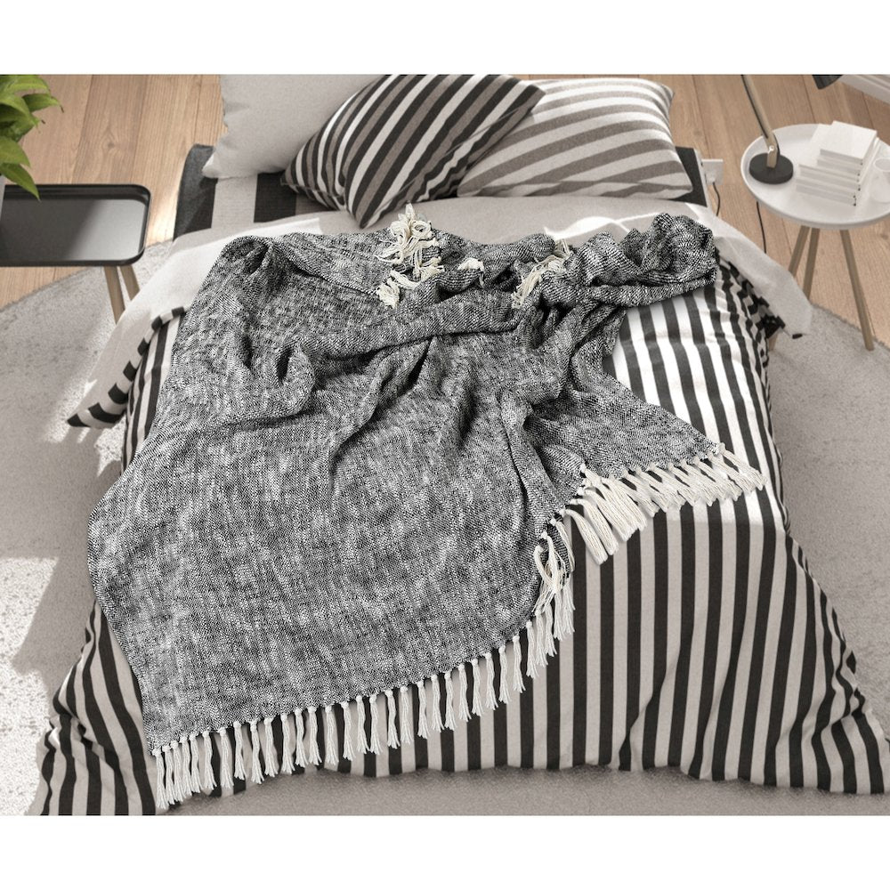 Black/White Distressed Hand-Woven All-Natural Cotton Throw Blanket