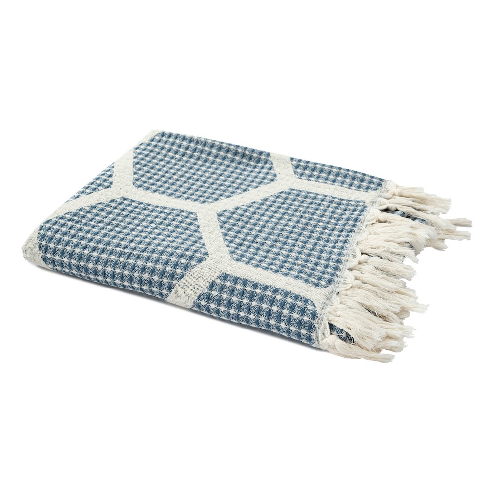 Avery Geometric/Honeycomb All-Natural Turkish Cotton Throw Blanket, Blue