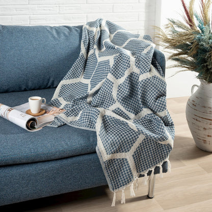 Avery Geometric/Honeycomb All-Natural Turkish Cotton Throw Blanket, Blue