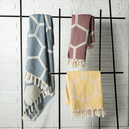 Avery Geometric/Honeycomb All-Natural Turkish Cotton Throw Blanket, Blue