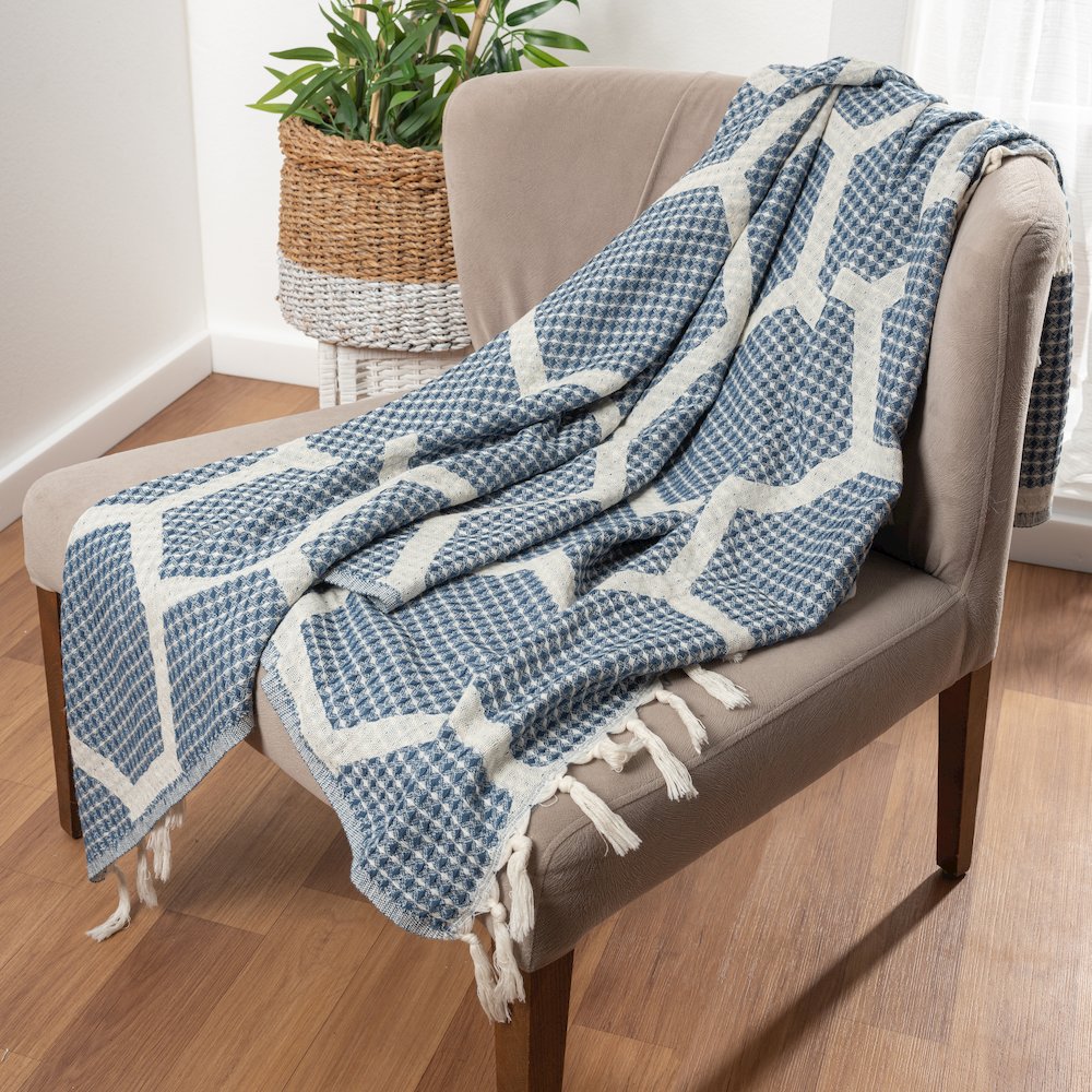 Avery Geometric/Honeycomb All-Natural Turkish Cotton Throw Blanket, Blue