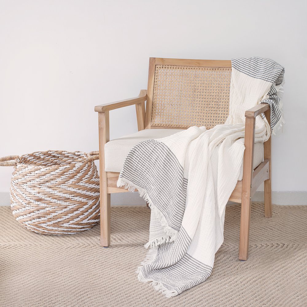 Gray/Ivory Farmhouse Striped Cotton Throw Blanket