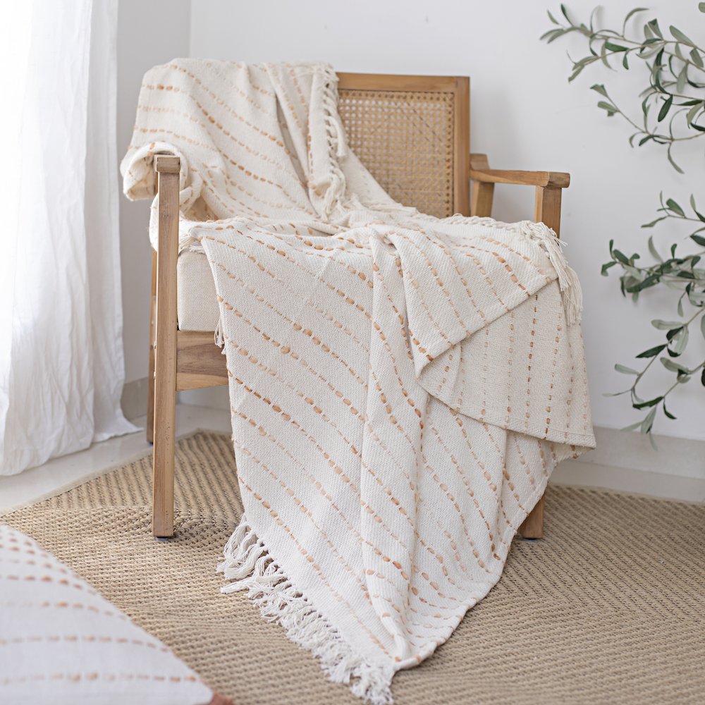 White/ Abobe Striped Ombre Farmhouse Flatweave Throw Blanket