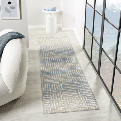 Beige/Blue Modern Geometric Performance Washable Indoor Area Rug