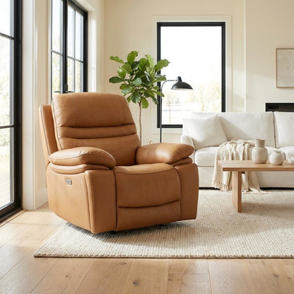 Leather Power Recliner Chair, Top Grain Upholstery, USB & USB-C, 360 lb Support