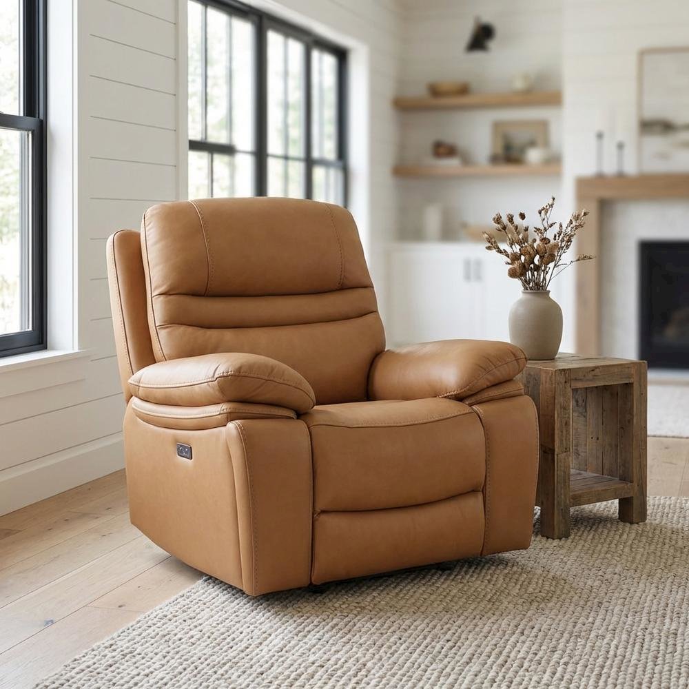 Leather Power Recliner Chair, Top Grain Upholstery, USB & USB-C, 360 lb Support