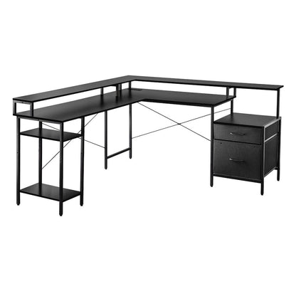 Convertible Straight/L-Shaped Desk, LED Lights & Fabric Drawers, 3 Power Outlets