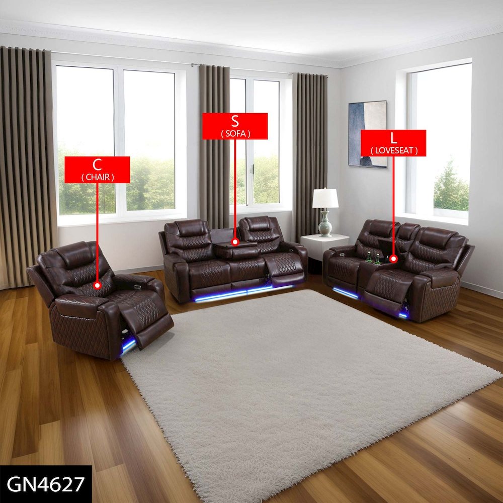 Max Power Recliner Living Room Set with LED Brown