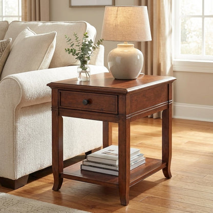 Brown End Table, Poplar Cherry Veneer, Dovetail Drawer, Fixed Lower Shelf