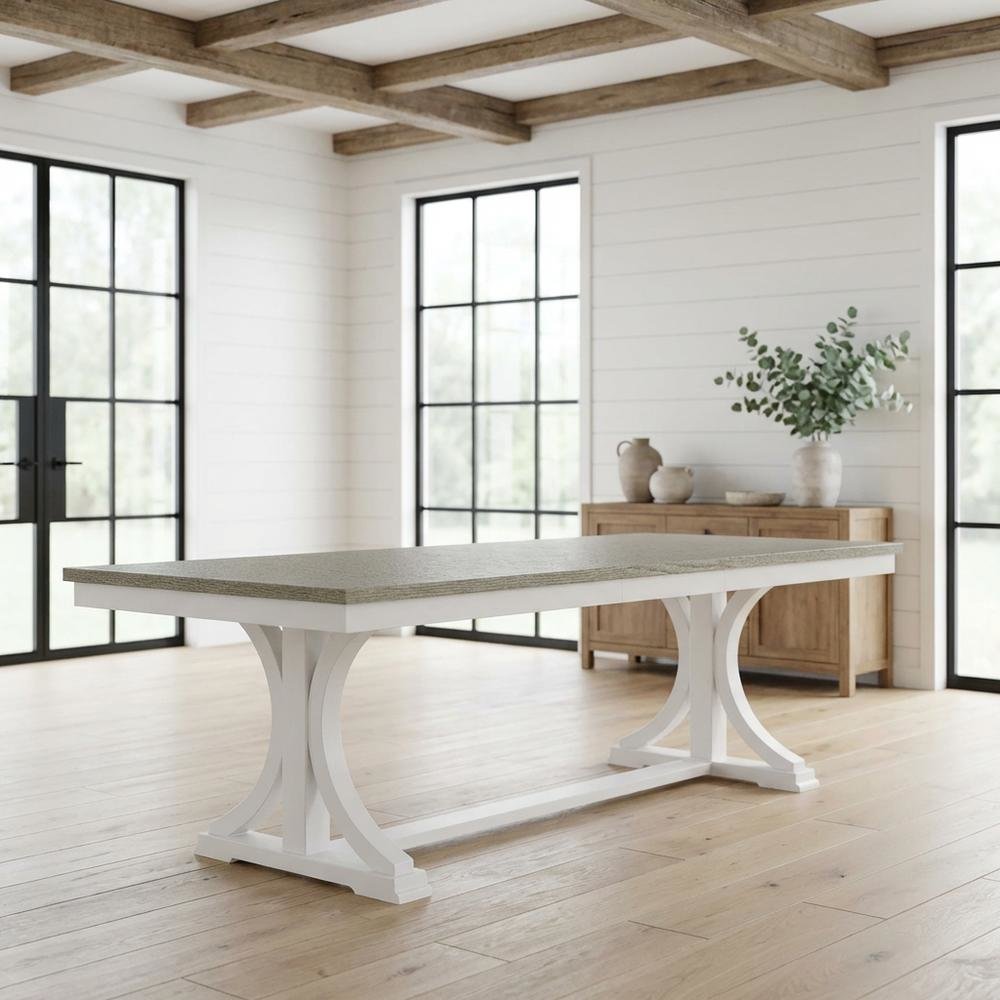 Beige Farmhouse Dining Table for 6, Wooden Trestle Kitchen Table