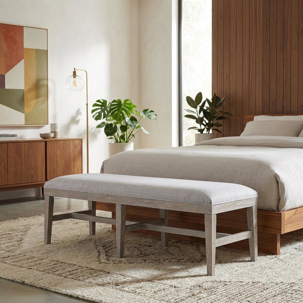 Gray Upholstered Bench – Dining, Bed, or Bedroom Bench with Wood Frame