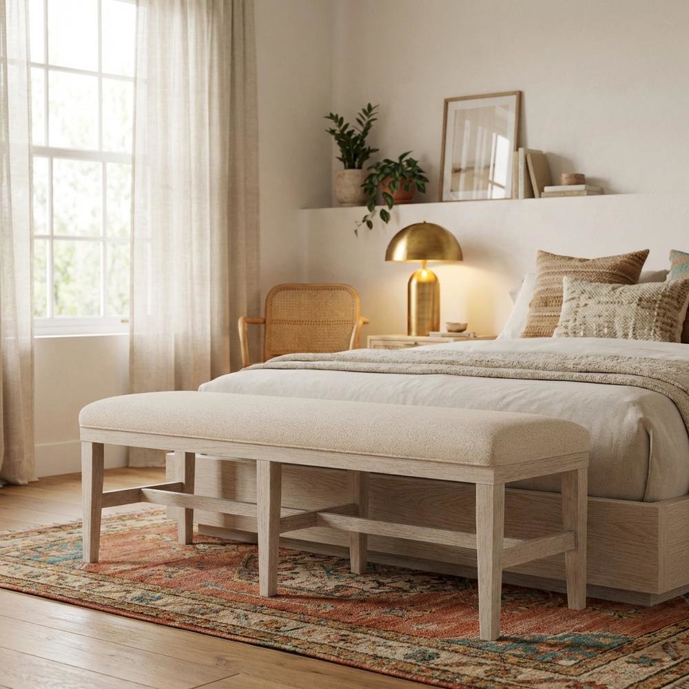 Beige Upholstered Dining Bench – Wood Bed Bench for Bedroom or Hallway