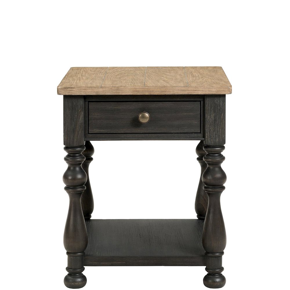 Brown End Table, Poplar Ash Veneer, Storage Drawer, Fixed Shelf, Decorative Top