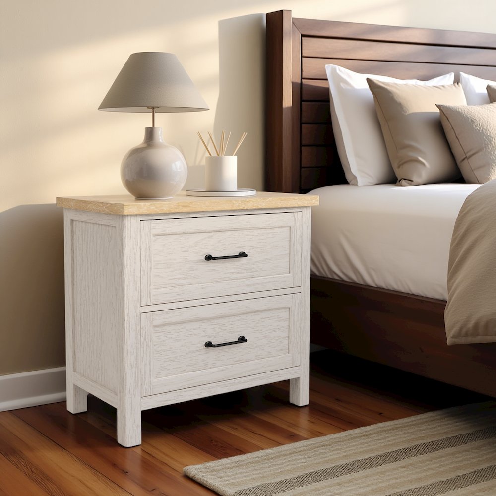 Wood Nightstand with 2 Drawers – Beige End Table Bedroom Accent Storage