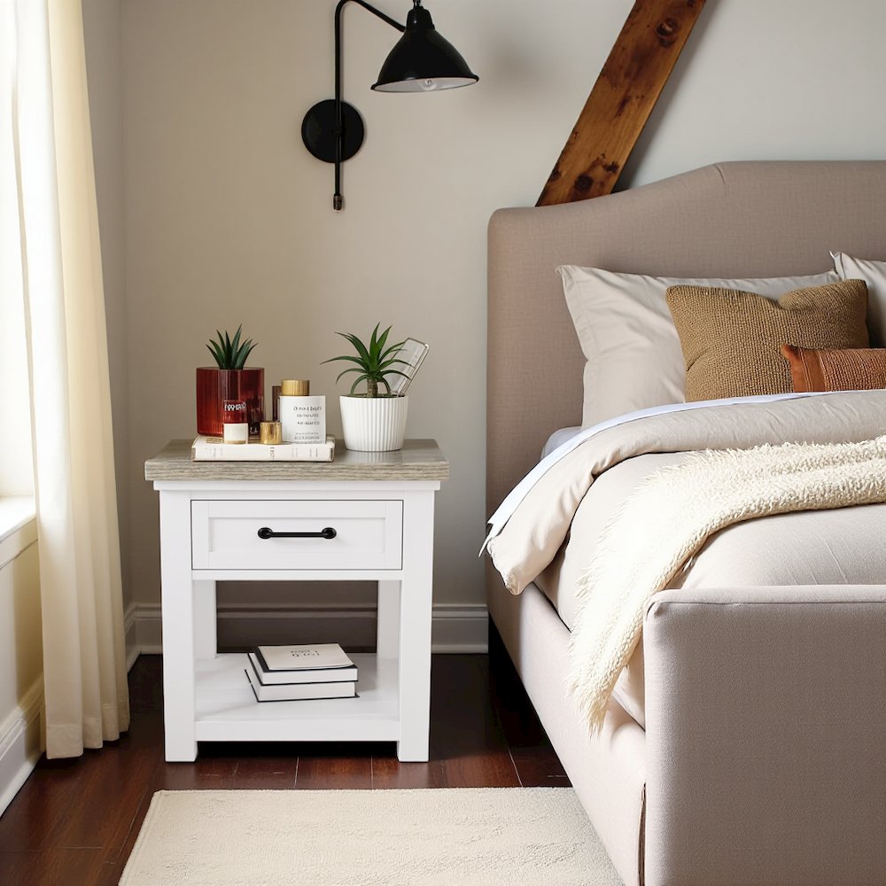 Beige Farmhouse End Table Living Room Sofa Side Table Wood Furniture