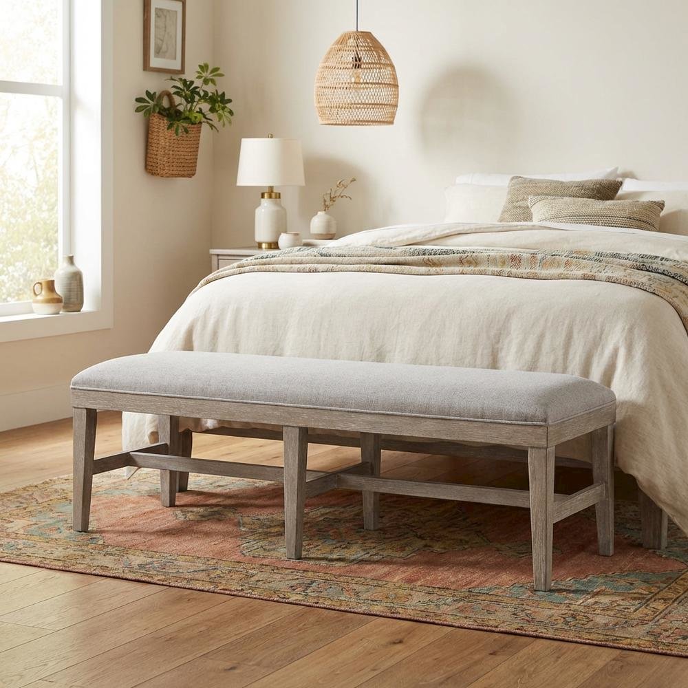 Gray Upholstered Bench – Dining, Bed, or Bedroom Bench with Wood Frame