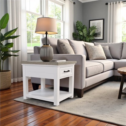 Beige Farmhouse End Table Living Room Sofa Side Table Wood Furniture
