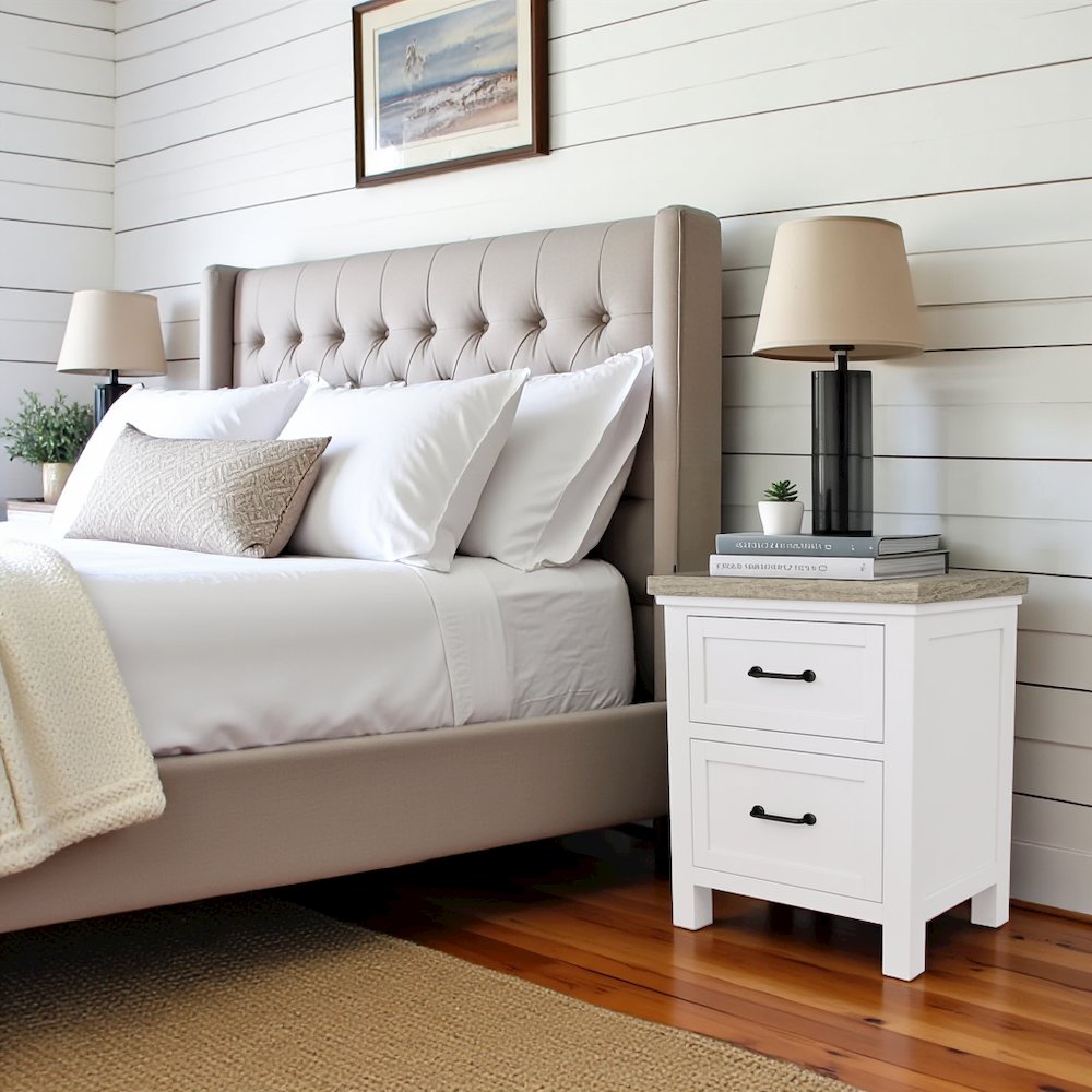 Wood Nightstand with 2 Drawers – Beige End Table Bedroom Accent Storage